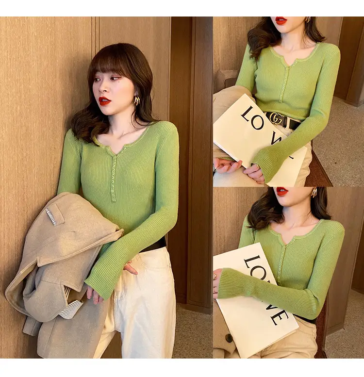 Black Knitted V Neck Sweater Top for Women — feature 11