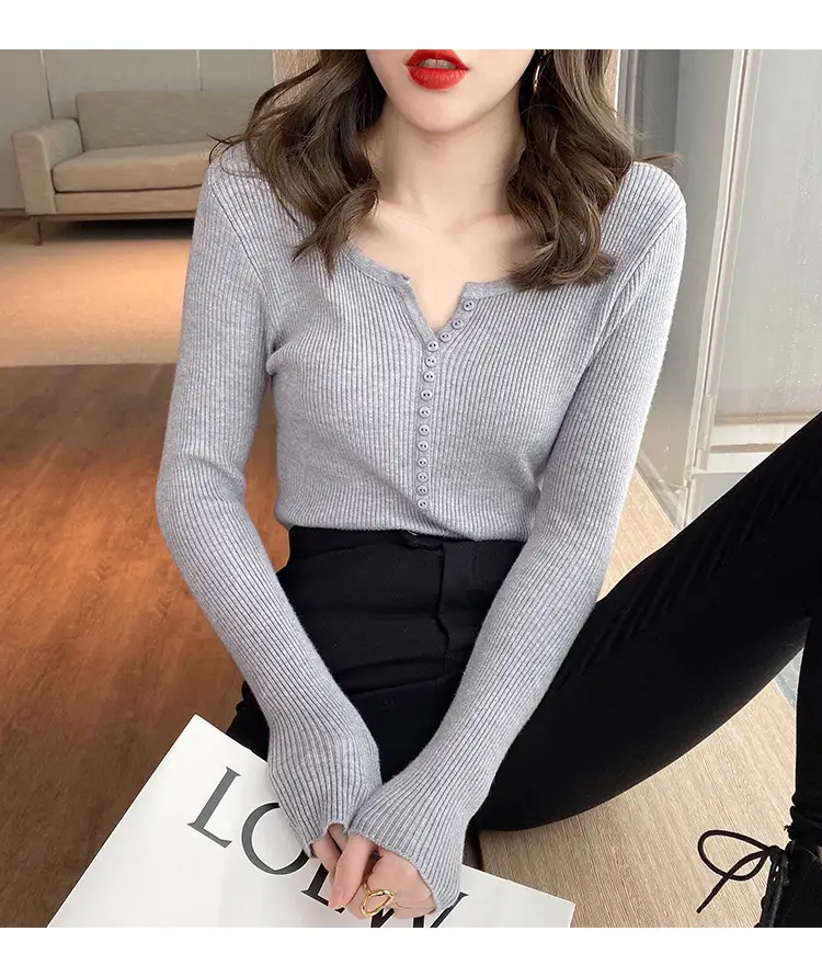 Black Knitted V Neck Sweater Top for Women — feature 12
