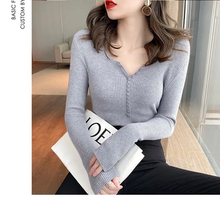 Black Knitted V Neck Sweater Top for Women — feature 14