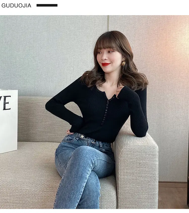 Black Knitted V Neck Sweater Top for Women — feature 15