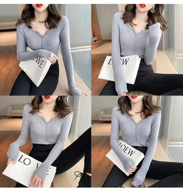 Black Knitted V Neck Sweater Top for Women — feature 5