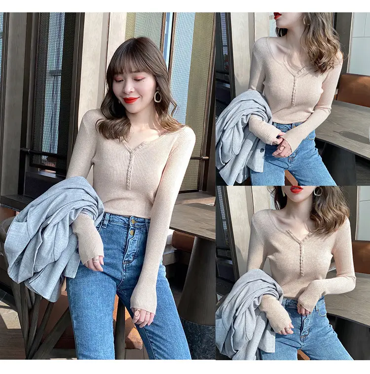 Black Knitted V Neck Sweater Top for Women — feature 7