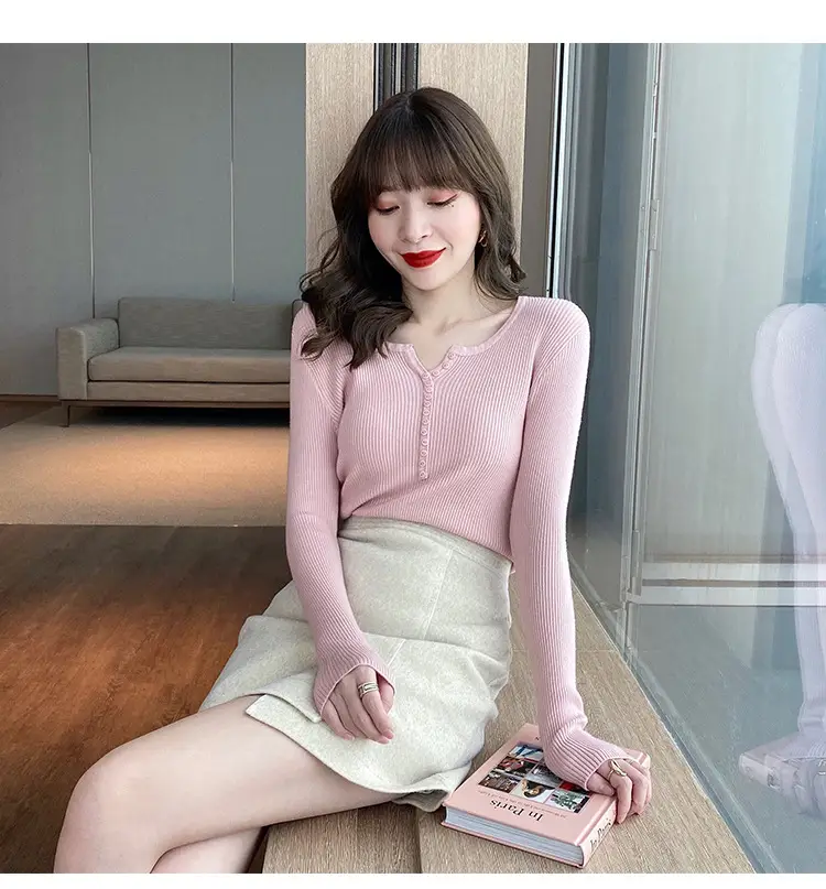 Black Knitted V Neck Sweater Top for Women — feature 8