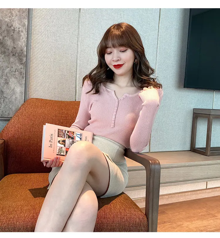 Black Knitted V Neck Sweater Top for Women — feature 9