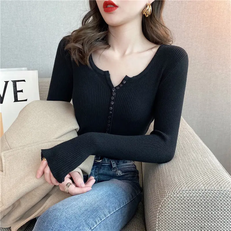 Black Knitted V Neck Sweater Top for Women - Image 6