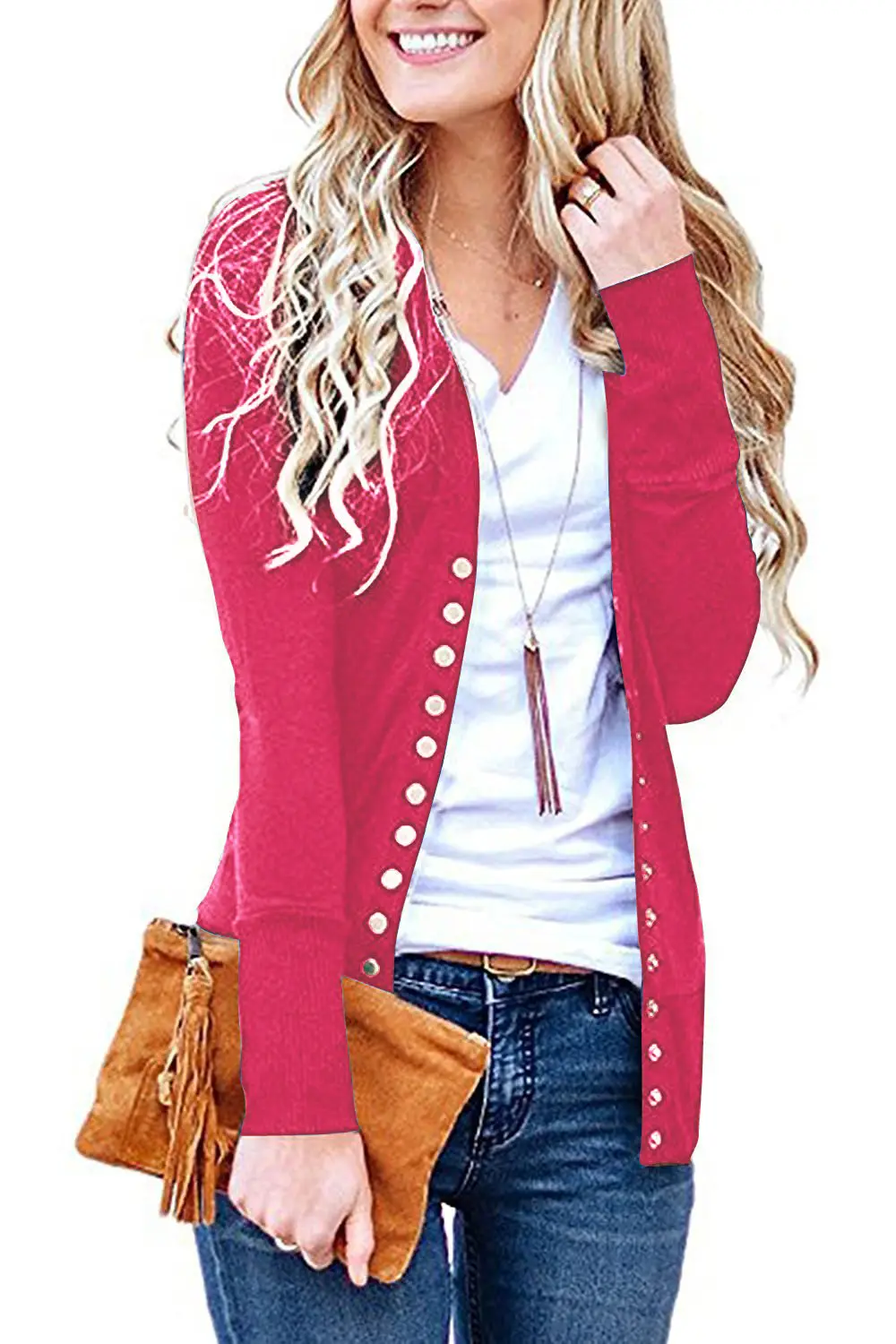 Women's Elegant Button Cardigan Jacket Black Green Maroon Blue - Image 2