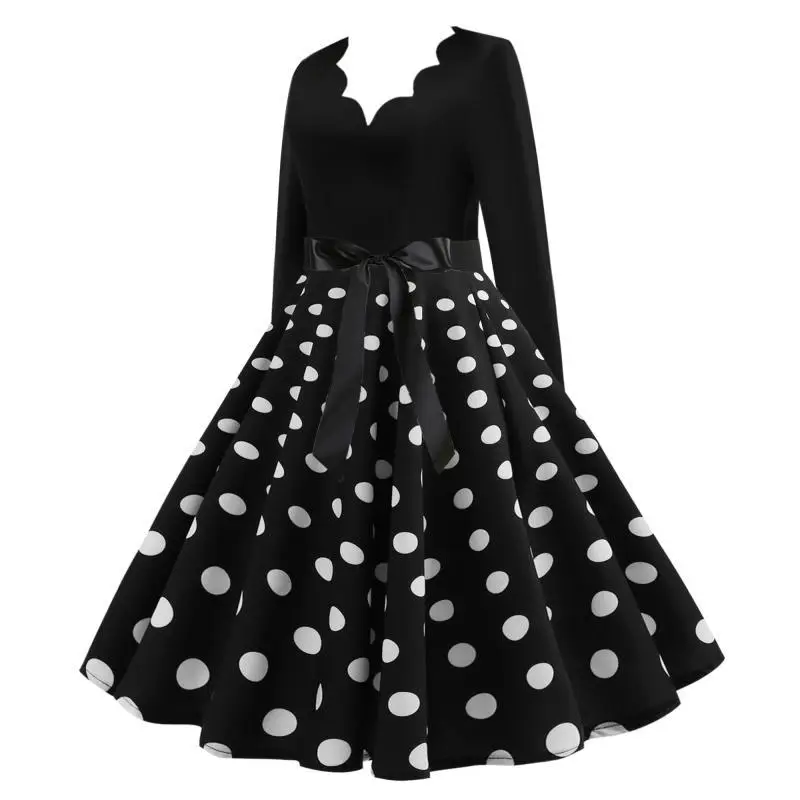 Black Polka Dot V-Neck Long Sleeve Swing Dress - Image 2