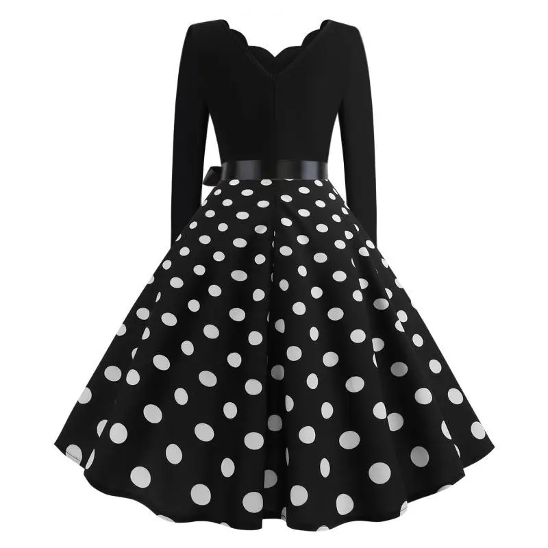 Black Polka Dot V-Neck Long Sleeve Swing Dress - Image 3