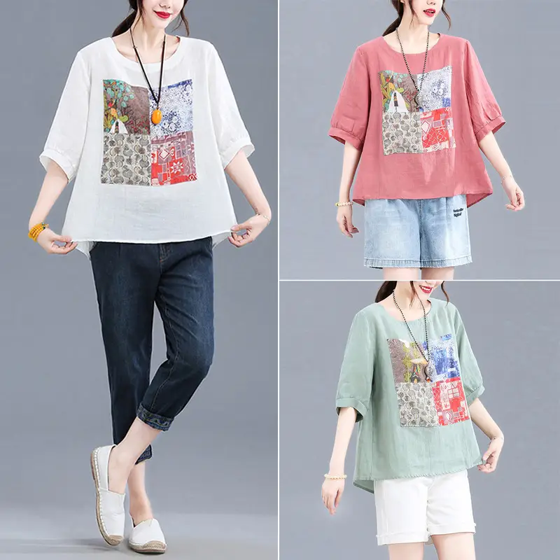 Women Printed Cotton Linen T-Shirt 2024 Summer - Image 4