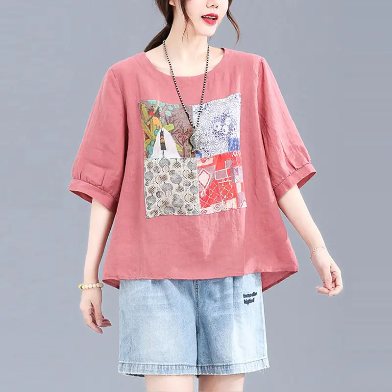 Women Printed Cotton Linen T-Shirt 2024 Summer - Image 2