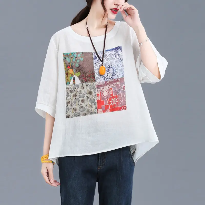 Women Printed Cotton Linen T-Shirt 2024 Summer - Image 5