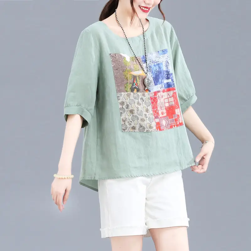 Women Printed Cotton Linen T-Shirt 2024 Summer - Image 6