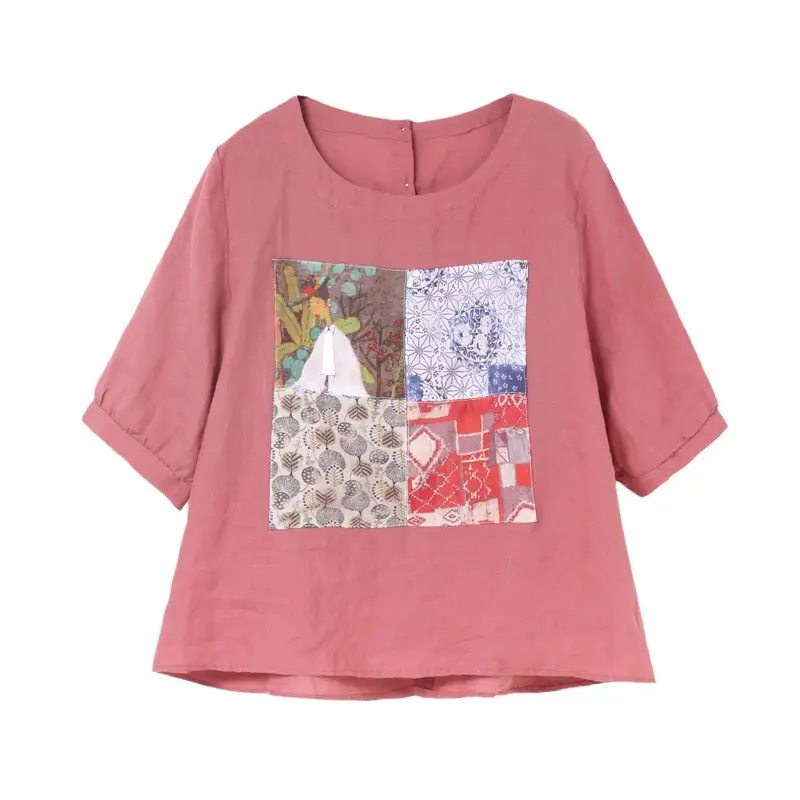 Women Printed Cotton Linen T-Shirt 2024 Summer - Image 7