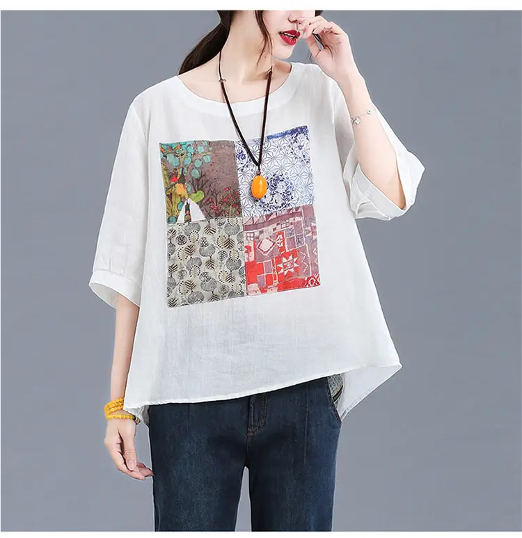 Women Printed Cotton Linen T-Shirt 2024 Summer — feature 10