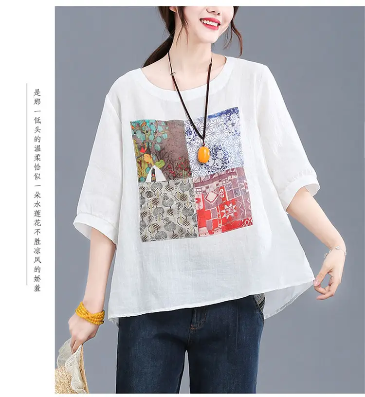 Women Printed Cotton Linen T-Shirt 2024 Summer — feature 11