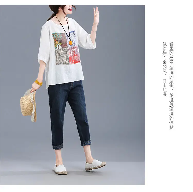 Women Printed Cotton Linen T-Shirt 2024 Summer — feature 12
