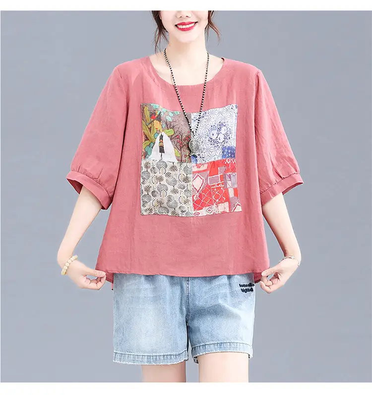 Women Printed Cotton Linen T-Shirt 2024 Summer — feature 15