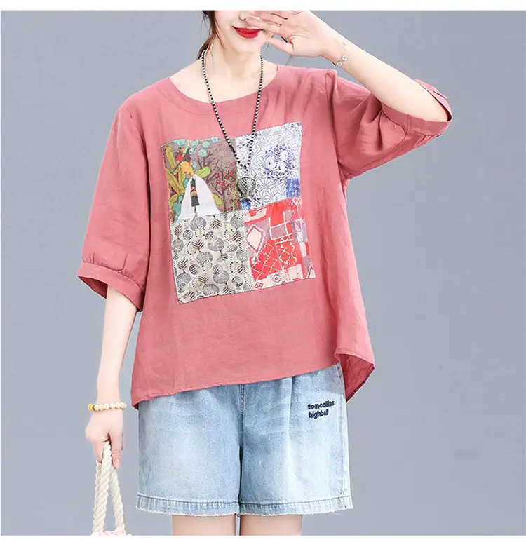 Women Printed Cotton Linen T-Shirt 2024 Summer — feature 18