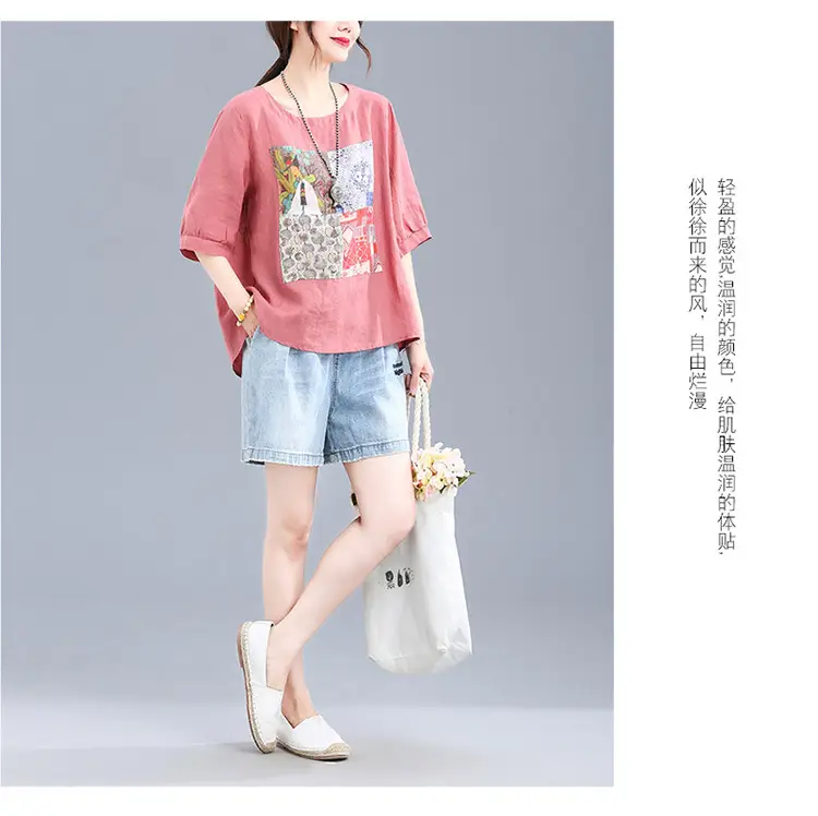 Women Printed Cotton Linen T-Shirt 2024 Summer — feature 20