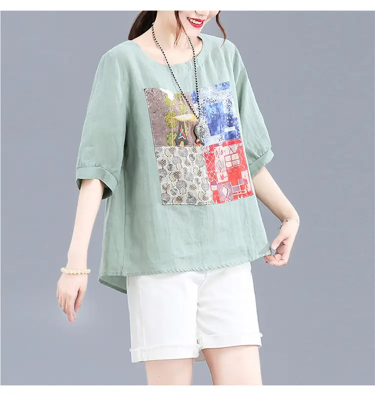 Women Printed Cotton Linen T-Shirt 2024 Summer — feature 23