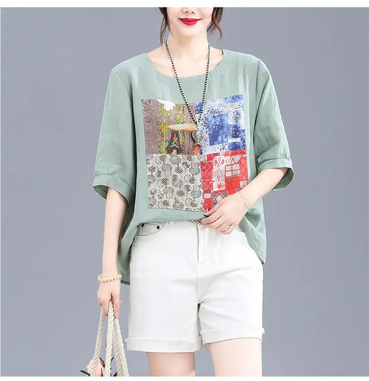 Women Printed Cotton Linen T-Shirt 2024 Summer — feature 26