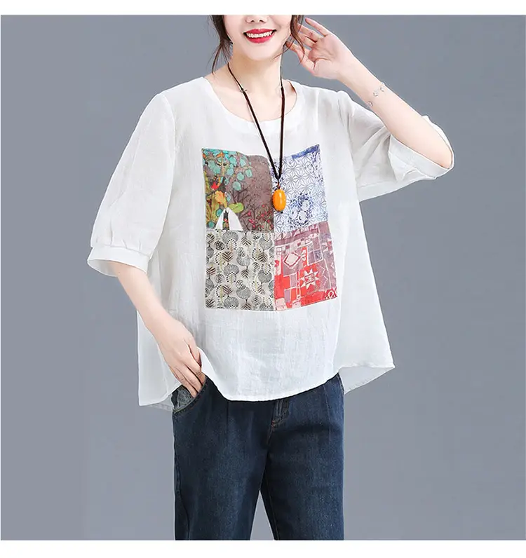 Women Printed Cotton Linen T-Shirt 2024 Summer — feature 7