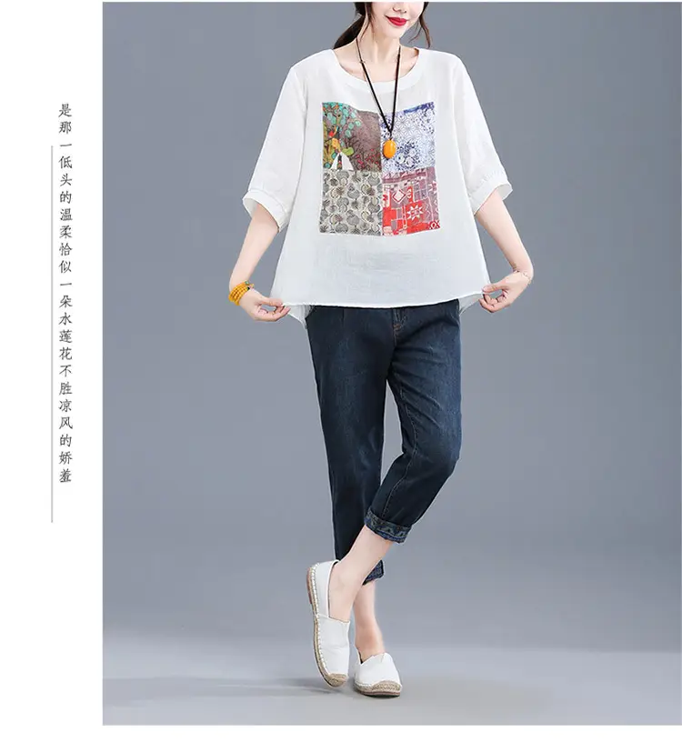 Women Printed Cotton Linen T-Shirt 2024 Summer — feature 8