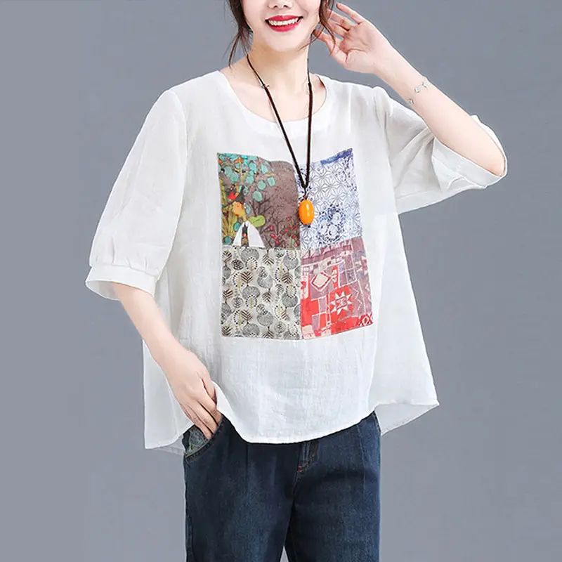 Women Printed Cotton Linen T-Shirt 2024 Summer - Image 3