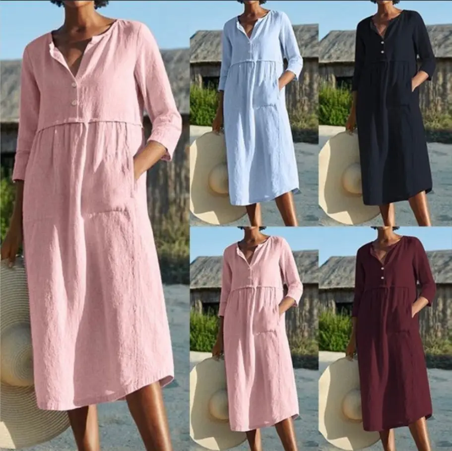 2023 Spring Summer Button Flap Pocket Dress Cotton Linen - Image 6