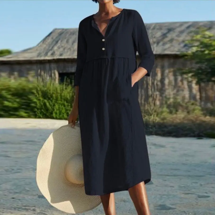 2023 Spring Summer Button Flap Pocket Dress Cotton Linen - Image 7