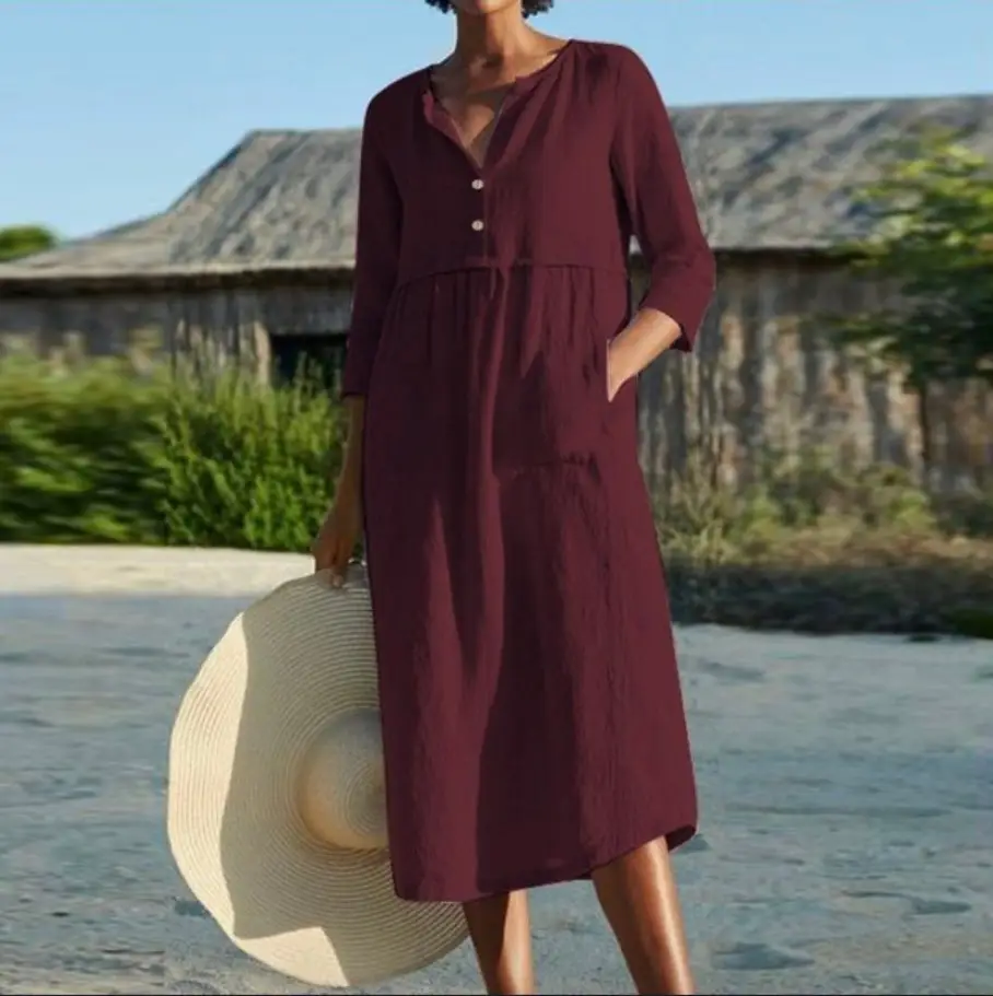 2023 Spring Summer Button Flap Pocket Dress Cotton Linen - Image 2