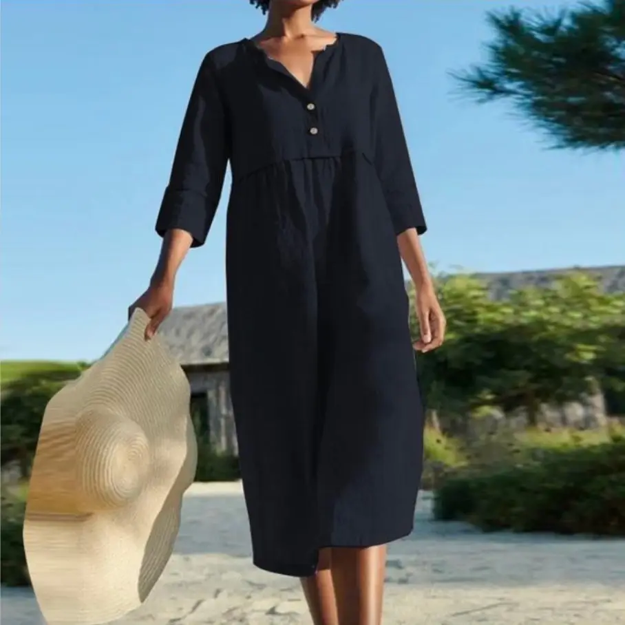 2023 Spring Summer Button Flap Pocket Dress Cotton Linen - Image 4