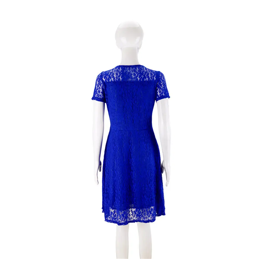 Blue Lace Round Neck Short Sleeve Dress - Image 6