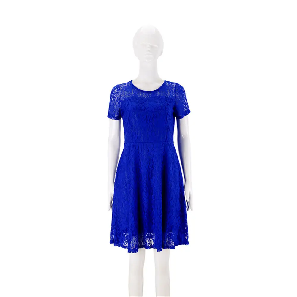 Blue Lace Round Neck Short Sleeve Dress - Image 9
