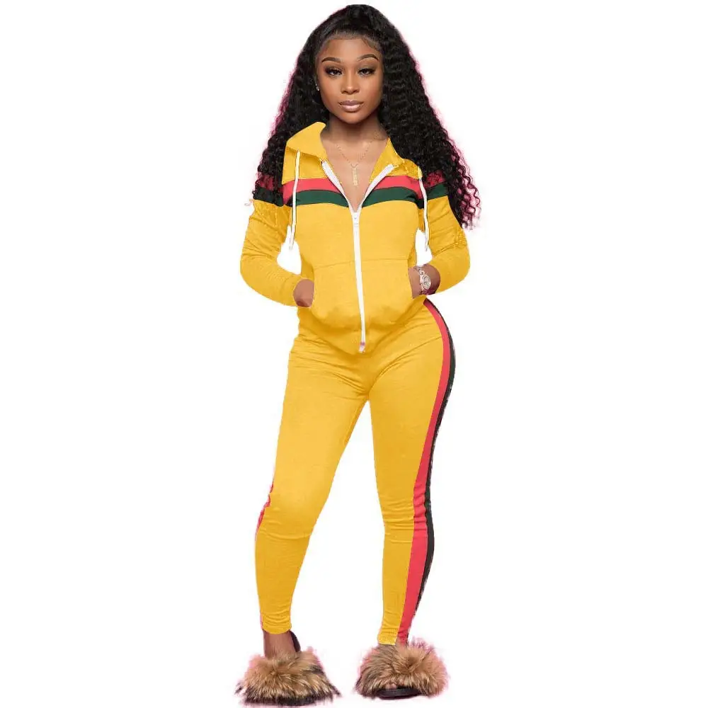 Cross-Border Hooded Two-Piece Set Yellow Red Zipper Track Suit - Image 2