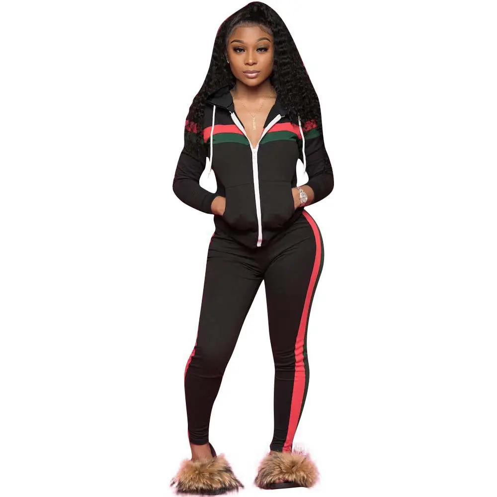 Cross-Border Hooded Two-Piece Set Yellow Red Zipper Track Suit - Image 3