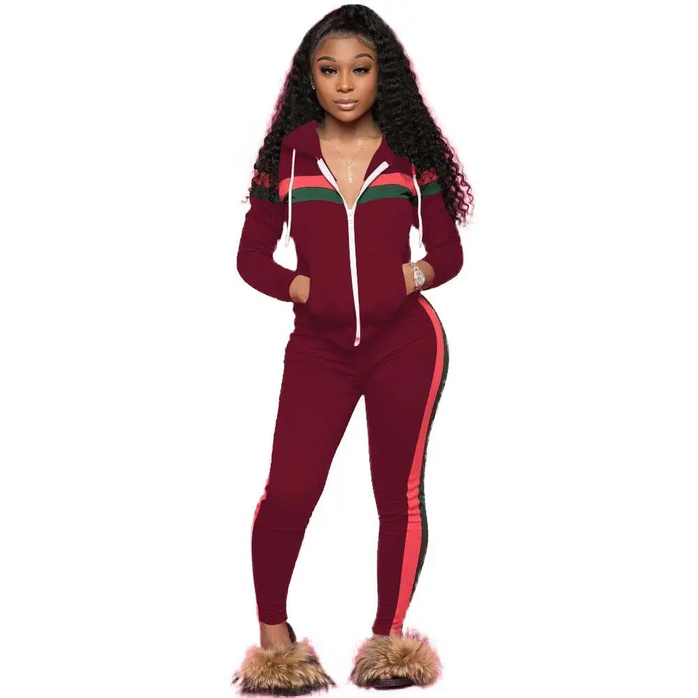 Cross-Border Hooded Two-Piece Set Yellow Red Zipper Track Suit - Image 6