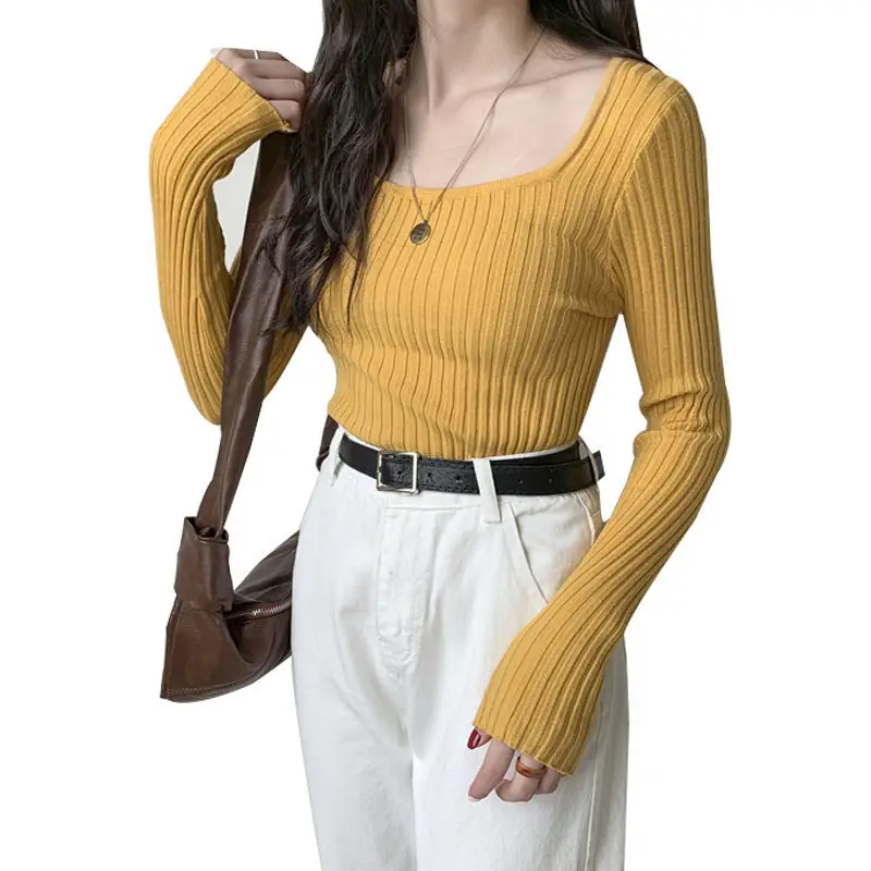 Women Black Knitted U-collar Long Sleeve Top - Image 12