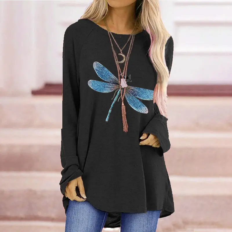 Women's Blue Dragonfly Print Long Sleeve T-Shirt