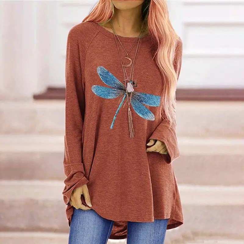 Women's Blue Dragonfly Print Long Sleeve T-Shirt