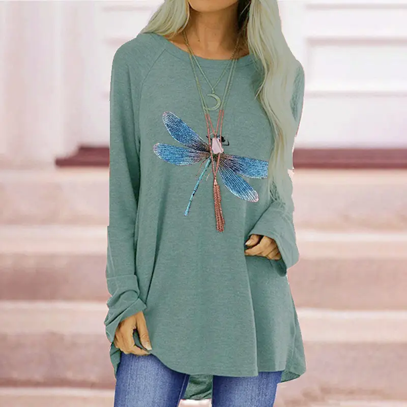 Women's Blue Dragonfly Print Long Sleeve T-Shirt