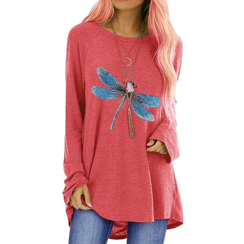 Women's Blue Dragonfly Print Long Sleeve T-Shirt