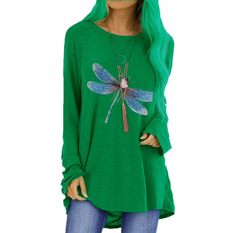 Women's Blue Dragonfly Print Long Sleeve T-Shirt
