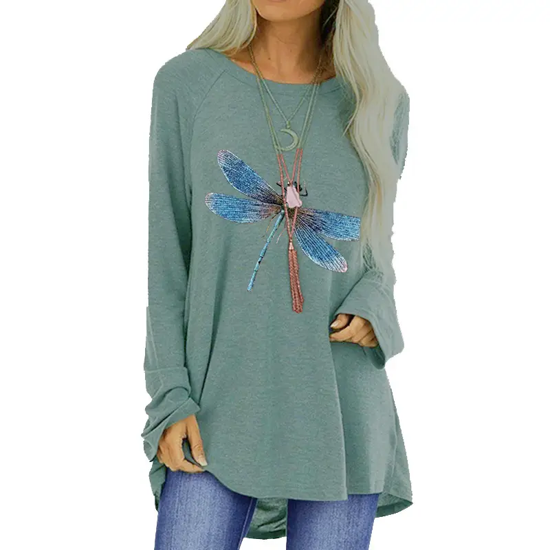 Women's Blue Dragonfly Print Long Sleeve T-Shirt