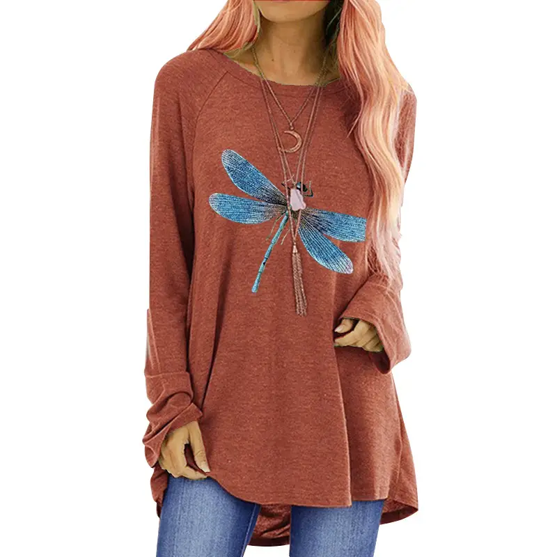 Women's Blue Dragonfly Print Long Sleeve T-Shirt