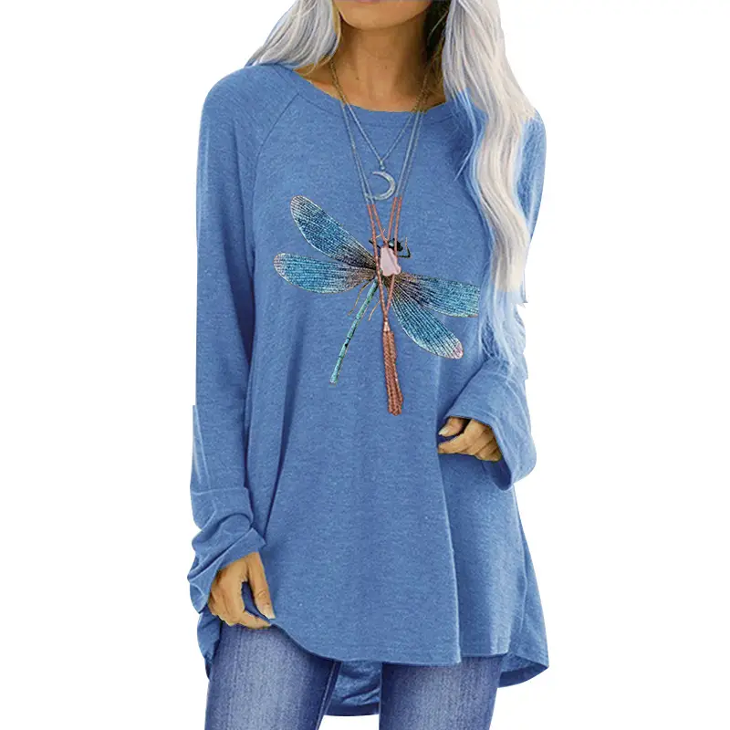 Women's Blue Dragonfly Print Long Sleeve T-Shirt
