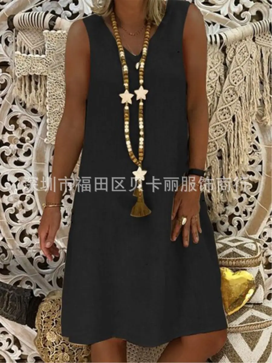 Women V-Neck Sleeveless Vest Dress Olive Green 2023