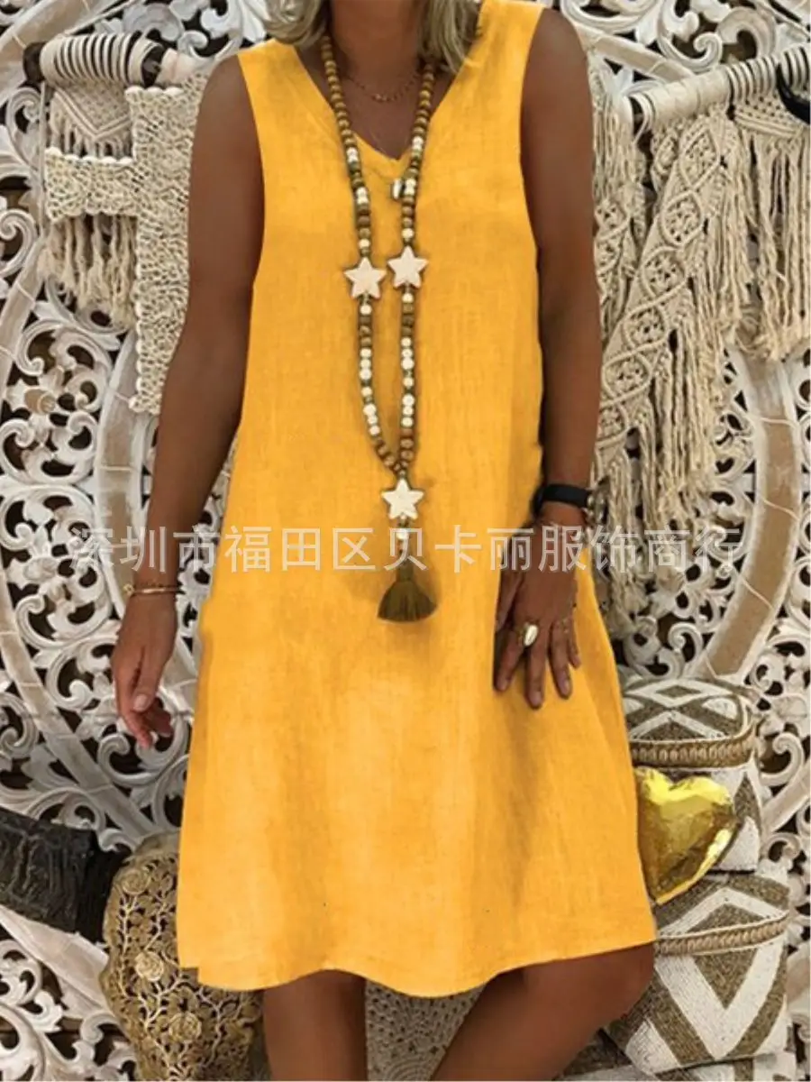 Women V-Neck Sleeveless Vest Dress Olive Green 2023