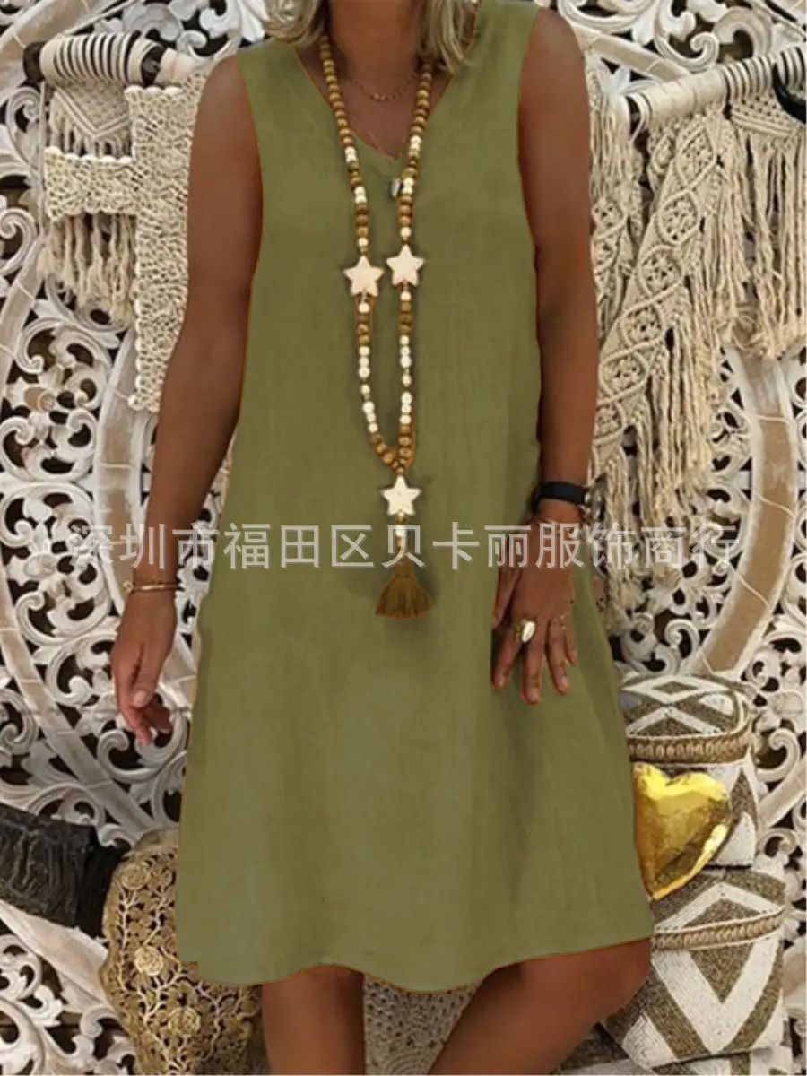 Women V-Neck Sleeveless Vest Dress Olive Green 2023