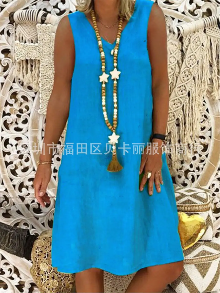 Women V-Neck Sleeveless Vest Dress Olive Green 2023